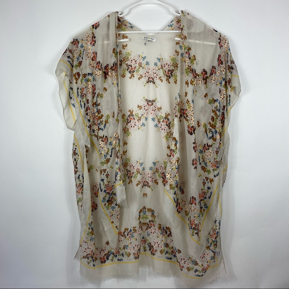 Woven Heart Lightweight Sheer Frayed Kimono Top Women One Size Open White Floral